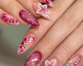 3D Cherry Blossom Press On Nails | Pink Floral Jelly Nails with Water Drops & Rhinestones | Spring Sakura Fake Nails | Kawaii Y2K Nail Art