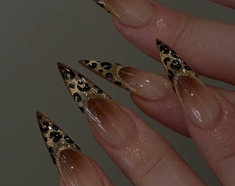 Long Stiletto Leopard Print French Tip Press On Nails, Glamorous Gold Leopard French Tip Press Ons, Brown Ombre Sparkly False Nails