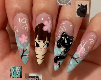 3D Black Cat Press On Nails, Kawaii Cherry Blossom Fake Nails, Mint Green Floral Long Stiletto Custom Nails, Hand Painted Anime Nail Art