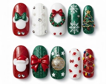 Mickey Christmas Nails, Handmade Holiday Nail Set with 3D Mickey Head, Santa Hat, 3D Bow nails , Disney Inspired Festive Press On Nails