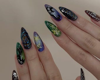 Abstract Swirl Press On Nails, Handmade Galaxy Nail Art, Luxury Dark Statement Nails, Dark Color 3D Gel Reusable Nails