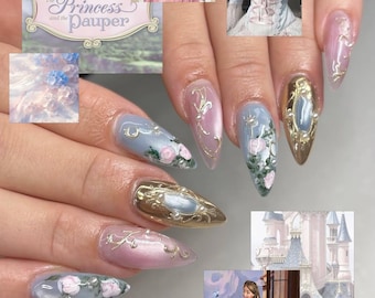 Barbie Princess and the Pauper Press On Nails, Anneliese and Erika Fake Nails, Pink and Blue Fairytale Nails, Vintage Royal False Nail Set