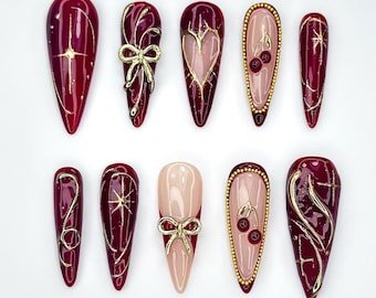 Wine Red Fall Press On Nails, Burgundy & Gold Nail Art, Autumn Holiday Nails, Handmade Glam Nail Set, Elegant Long Nails, Valentine nails