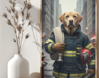 May include: A framed wall art print featuring a golden Labrador retriever dressed in a dark navy firefighter uniform with yellow reflective stripes, holding a coiled white fire hose and carrying a red helmet marked with the number 343.