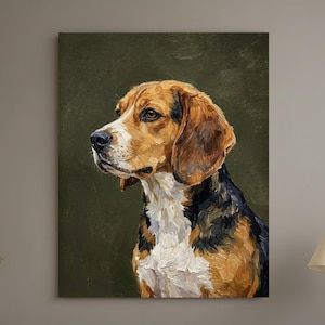 May include: A portrait of a Beagle dog, rendered in oil paint. The dog is depicted in profile, showcasing a tri-color coat of brown, black, and white. The background is a muted green, which contrasts with the dog's warm tones. The artwork is mounted on a canvas.