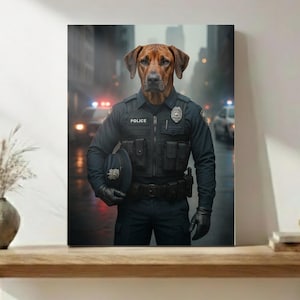 May include: A canvas print featuring a dog's head superimposed on a police officer's uniform. The dog, with brown fur, is wearing a navy blue uniform with the word "POLICE" visible. The background shows a city street with police cars.