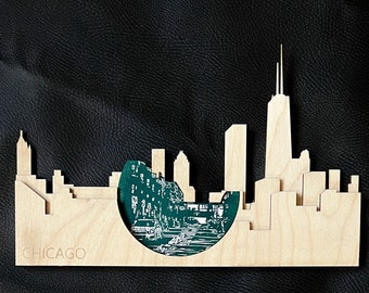 Chicago IL Skyline with Linocut print - Laser Cut Cityscape - Chicago Housewarming Gift