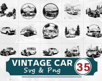 May include: A collection of black and white vintage car illustrations in various settings, including mountains, beaches, and cityscapes. The image includes the text "VINTAGE CAR Svg & Png" and the number "35" in a circle.