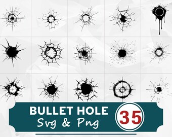 Bullet Hole Silhouette SVG PNG Bundle, Cracked Glass Clipart, Cricut Cut Files