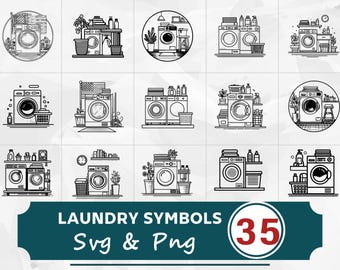 Paquete de símbolos de lavandería SVG y PNG, imágenes prediseñadas de iconos de lavado, archivos de corte de Cricut