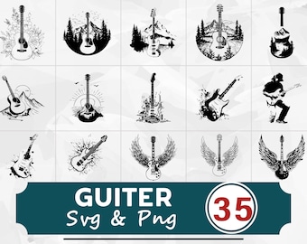 Pacote de Silhuetas de Guitarra em SVG e PNG, Clipart de Música em Vetor, Arquivos de Corte para Cricut