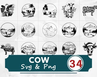 Cow Silhouette SVG PNG Bundle, Farm Animal Clipart,Cricut Cut Files