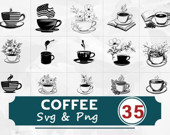 Coffee Silhouette SVG PNG Bundle, Cup Clipart Vector, Cricut Cut Files