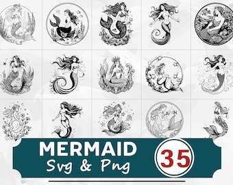 Mermaid Silhouette SVG PNG Bundle, Fantasy Ocean Clipart, Sea Princess Cut Files, Beach Vector