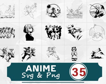 May include: Collection of 15 black and white anime-style illustrations. The images feature various characters in action poses, including fighting scenes and portraits. The text "ANIME Svg & Png" is displayed below the images, with a circle containing the number "35".