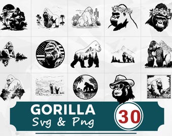 Gorilla Silhouette SVG PNG Bundle, Wild Animal Jungle Clipart, Vector Cricut Cut Files Design