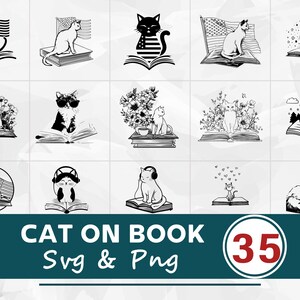 May include: A collection of black and white cat illustrations. Each cat is depicted with a book, some with American flags, flowers, or headphones. The text "CAT ON BOOK Svg & Png" is displayed below the images, along with the number "35" in a circle.
