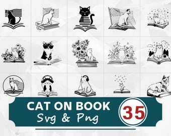 Cat on Book Silhouette SVG PNG Bundle, Reading Clipart Vector, Book Lover Design