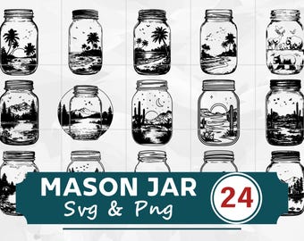 May include: A collection of 24 mason jar designs in SVG and PNG formats. Each jar features a unique black and white landscape scene, including palm trees, mountains, and desert landscapes. The designs are ideal for crafting and DIY projects.