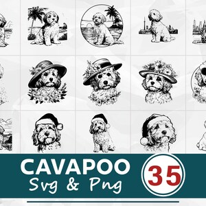 May include: A collection of 15 black and white Cavapoo dog illustrations in various poses and settings. Some dogs wear hats or Santa hats. The text "CAVAPOO Svg & Png" is displayed below the images, with the number "35" in a circle.