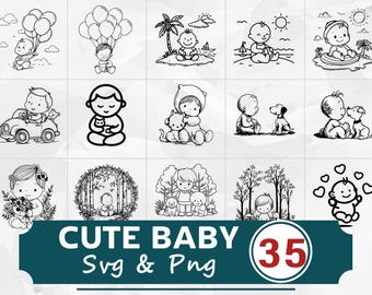 May include: A collection of black and white line art illustrations featuring babies in various scenes. The images include babies with balloons, on the beach, in a car, with pets, and more. The text "CUTE BABY SVG & PNG" is displayed on a teal banner with the number "35".
