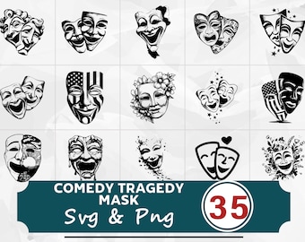 Comedy Tragedy Mask Silhouette SVG PNG Bundle, Theatre Drama Clipart, Acting Symbol Cut Files