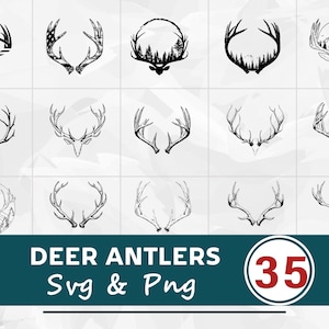 May include: A collection of 15 black and white deer antler designs in various styles. The designs include antlers with American flag accents, forest scenes, and mountain landscapes. The image also includes the text "DEER ANTLERS Svg & Png" and the number "35".