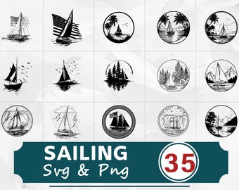 Sailing Silhouette SVG PNG Bundle, Sailboat Clipart, Nautical Ocean Cut Files, Sea Adventure Vector