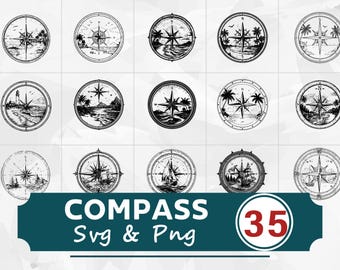 May include: A collection of 15 black and white compass designs, each within a circular frame, depicting various nautical scenes. The image includes text that reads "COMPASS Svg & Png" and a red circle with the number "35".