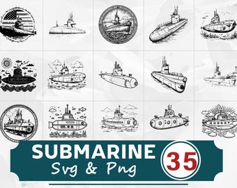 Paquete de siluetas de submarinos SVG y PNG, imágenes prediseñadas náuticas, archivos de corte de buques de la marina, vectores oceánicos para Cricut