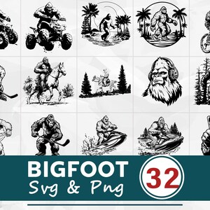 May include: A collection of 15 black and white Bigfoot illustrations in various poses, including riding a bike, playing hockey, and riding a jet ski. The image includes the text "BIGFOOT Svg & Png" and the number "32" in a circle.