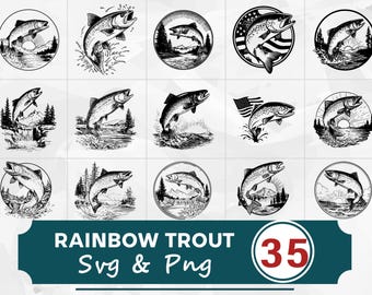 Rainbow Trout Jumping SVG PNG Bundle, Fishing Clipart Vector, Cricut Cut Files Outdoor Design
