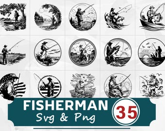 Paquete SVG PNG de silueta de pescador, imágenes prediseñadas vectoriales de caña de pescar y peces de lago, archivos de corte de Cricut