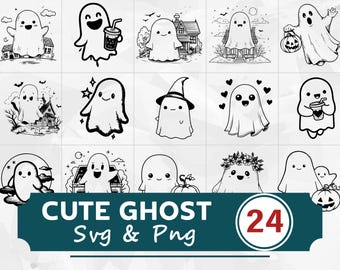 Cute Ghost SVG PNG Bundle, Kawaii Halloween Ghost Clipart, Cricut Cut File