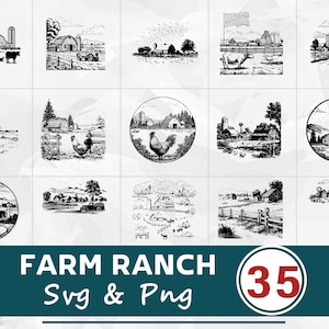 May include: A collection of 15 black and white illustrations featuring farm and ranch scenes. The images depict barns, windmills, livestock, and rural landscapes. The text "FARM RANCH SVG & PNG" is displayed below the images, with the number "35" in a circle.