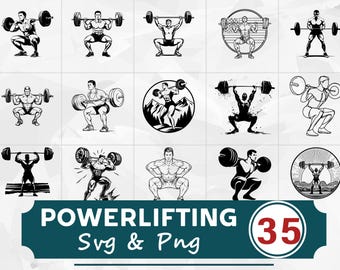May include: A collection of black and white powerlifting illustrations. The images depict weightlifters in various poses, including squats and overhead lifts. The text "POWERLIFTING Svg & Png" is displayed below the images, along with the number "35" in a circle.
