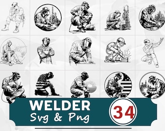 Paquete de siluetas de soldador SVG y PNG, imágenes prediseñadas vectoriales de trabajador de soldadura, archivos de corte Cricut, diseño industrial