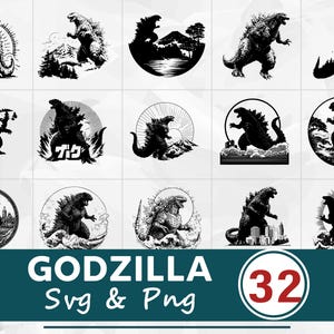 Può includere: Una collezione di 15 illustrazioni in bianco e nero di Godzilla in varie pose e ambientazioni. I disegni includono figure di Godzilla con montagne, paesaggi urbani e cornici circolari. Il banner in basso recita "GODZILLA Svg & Png" con il numero "32".