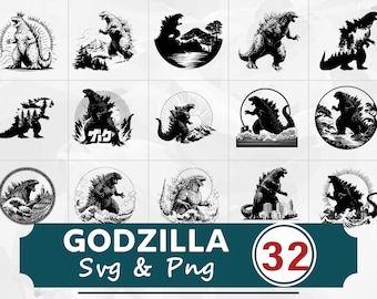 Paquete SVG PNG de silueta de Godzilla, imágenes prediseñadas de monstruo Kaiju, archivos de corte de lagarto gigante, vectores de película