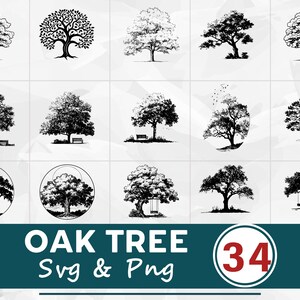 Puede incluir: Una colección de 15 ilustraciones de árboles de roble en blanco y negro, en varios estilos. La imagen incluye una pancarta con el texto "OAK TREE Svg & Png" y un círculo con el número "34".