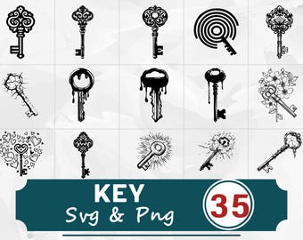 Paquete de siluetas de llaves SVG y PNG, imágenes prediseñadas de cerraduras vintage, archivos de corte de Cricut