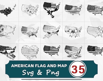American Flag USA Map  SVG PNG Bundle, Patriotic Clipart, Cricut Cut Files