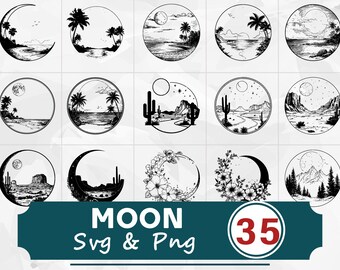 Paquete de siluetas de luna SVG y PNG, imágenes prediseñadas celestiales, archivos de corte de Cricut
