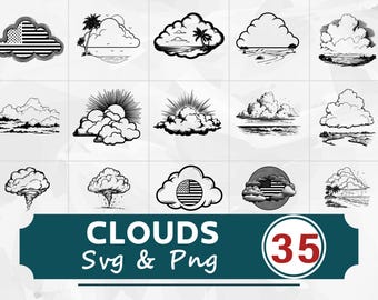 Clouds Silhouette SVG PNG Bundle, Weather Clipart Vector, Cricut Cut Files