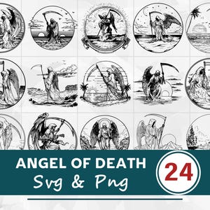May include: A collection of 24 black and white illustrations of the Angel of Death in various scenes. Each circular design features the Grim Reaper with a scythe, often set against a backdrop of landscapes, including oceans, sunsets, and mountains. The text "ANGEL OF DEATH Svg & Png" is also included.