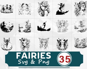 Fairy Silhouette SVG PNG Bundle, Fantasy Magic Clipart Vector, Cricut Cut Files Mystical Design