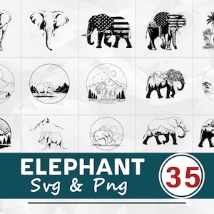 May include: A selection of 15 monochrome elephant designs, featuring diverse styles such as silhouettes, illustrations, and graphics with American flag motifs. Suitable for SVG and PNG files.