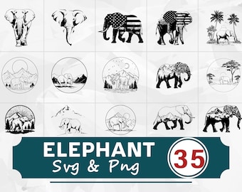 Elephant Silhouette SVG PNG Bundle, Safari Animal Clipart, Cricut Cut Files