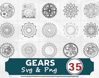 Paquete de siluetas de engranajes en formato SVG y PNG, imágenes prediseñadas mecánicas vectoriales, archivos de corte para Cricut
