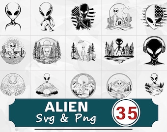 Alien Silhouette SVG PNG Bundle, UFO Sci-Fi Clipart, Cricut Cut Files